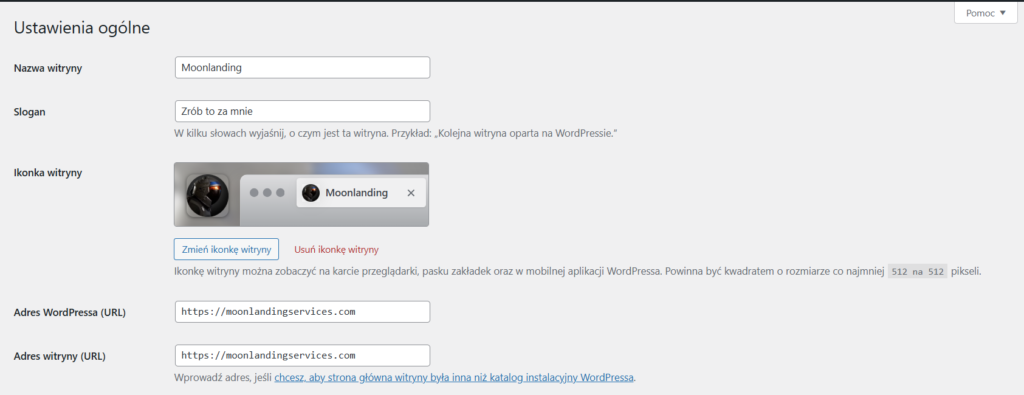 Panel WordPressa z widoczną sekcją Ustawienia Ogólne pokazującą tytuł i adres witryny