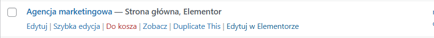 Panel WordPress z widokiem tworzenia nowej strony i przyciskiem Edytuj w Elementorze